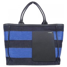 Borsa in pelle di vitello in denim e cotone rafia Valextra Nero Blu