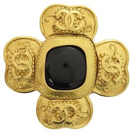 Goldene Metallbrosche mit Kleeblattstein Chanel Coco Mark Vintage 96A Schwarz Golden
