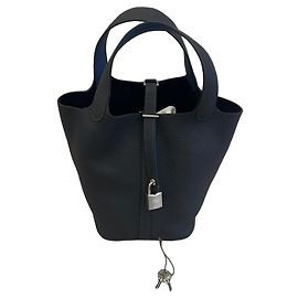 Hermès Picotin Lock 18 Leather Caban Black Bleu Tie Palladium Dark blue