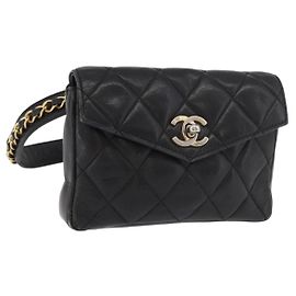 CHANEL Bolsa de cintura Matelassé em couro de cordeiro preto ouro CC Auth BA12100 Preto Dourado
