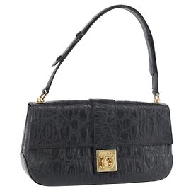 Bolsa de couro preta e dourada Gancini Croco Embossed Salvatore Ferragamo Auth 176066A Preto Dourado