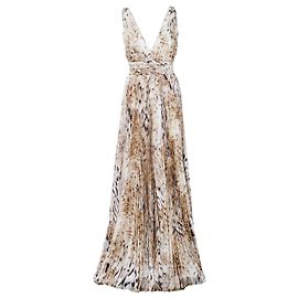 Vestido Maxi de Seda Estampada Roberto Cavalli Bege Outro