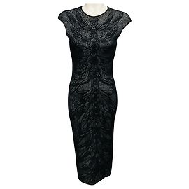 Schwarzes, figurbetontes Strick-Midi-Kleid von Alexander McQueen Schwarz