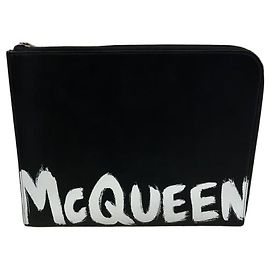 Pochette zippée Alexander McQueen en cuir lisse noir graffiti Noir