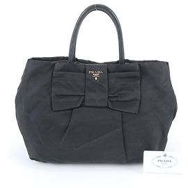 Prada Tessuto Nylon Ribbon Leather Handbag Black