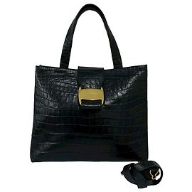 Salvatore Ferragamo Ferragamo Black Croc Embossed Leather Vara Bow Satchel Black