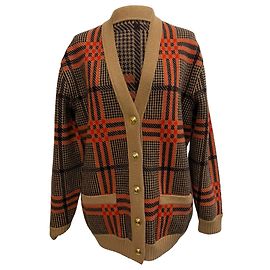 Gucci Love Parade Karierter Jacquard-Cardigan aus beigem Wolle Braun Rot