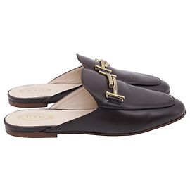 Tod's Double T Mules in Brown Leather Brown Red