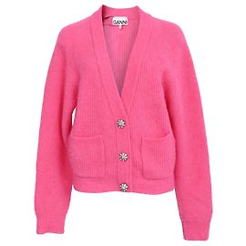 Ganni Strickjacke aus rosa Wolle mit Kristallknöpfen Pink