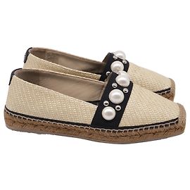 Jimmy Choo Dru Ballerinas aus cremefarbener Raphia mit Kunstperlen Weiß Roh