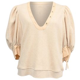 Ulla Johnson Pia Knitted Puffed Sleeve Blouse in Cream Cotton White Cream