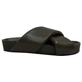 Jil Sander Padded Cross Strap Slide Sandals in Olive Lamb Leather Green Olive green
