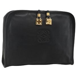 LOEWE Anagram Clutch Tasche aus Leder Schwarz Gold Auth 175168 Schwarz Golden