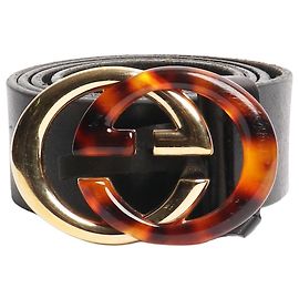 Gucci Cinturón de cuero negro con logo de carey Negro
