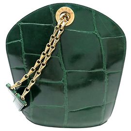 Céline BOLSO DE MANO VINTAGE CELINE DE CUERO ESTILO CROCODILO VERDE CON ASAS DE CADENA DORADA Verde