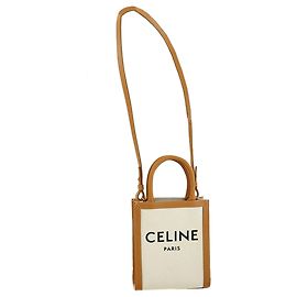 Céline Canvas Vertical Cabas Bag White Brown Leather Brown