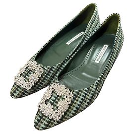 Manolo Blahnik Hangisi Tweed Flat Shoes Green