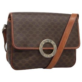 Céline Bolsa de ombro Celine Vintage Macadam com logo circular em lona e couro Marrom