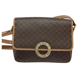 Céline Celine Vintage Macadam Circle Logo Canvas and Leather Marrom
