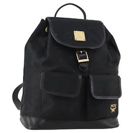 MCM Vicetos Logogram Backpack Canvas Black Gold Auth INZ047 Black Golden