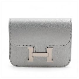 Hermès Hermes Constance Slim Chevre Siamese Compact Wallet Silvery