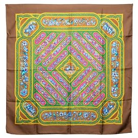 Sciarpa Hermès Carre 90 QALAMDAN Marrone Multicolore