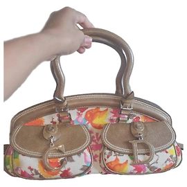 Bolsa Dior em lona impressa e couro Marrom Multicor