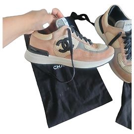 Chanel Leather and Textile Pink Sneakers Black Pink White Grey