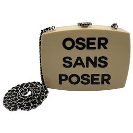 Rare Chanel Minaudière runway clutch with chain Beige