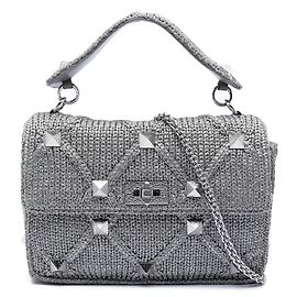 Valentino Große silberne Metallic-Strick-Roman-Studiertasche Silber