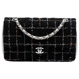 Chanel Black Medium Classic Quilted Tweed and Metallic Lambskin Double Flap Black