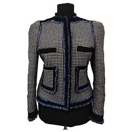Balenciaga Houndstooth Wool Jacket with Blue Trim Black White Blue
