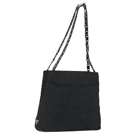 PRADA Plastic Chain Tote Bag Nylon Black Silver Auth 175266 Black Silvery