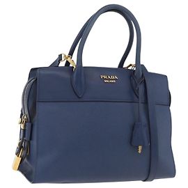 PRADA Esplanade Sac à Main Cuir 2en1 Bleu Or Auth ka4009A Bleu Doré