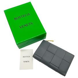 Bottega Veneta Thunder Woven Leather Small The Cassette Bifold Wallet Grey