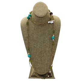 Colar longo de corrente dourada embelezado com turquesa, pérolas, ametista e pedras verdes Chanel 2005 Multicor
