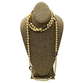 Colar Sautoir Longo de Pérolas e Cristais Jumbo Transparente Chanel Vintage 1981 Bege