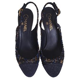 Chanel Slingback Glitter and Tweed Heels Navy Blue 40 Multiple colors Navy blue