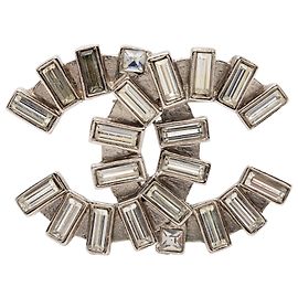 Chanel Silberne CC Messing Strass Baguette Brosche Silber
