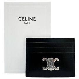 Céline Triomphe Silver Leather Card Holder Black
