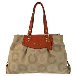 Coach Op Art Canvas Leather Tote Bag Brown Beige