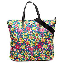 Bolso tote floral con placa de logo triangular Prada Rosa Azul Multicolor