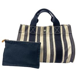 Hermès Hermes Cannes PM Canvas Tote Bag with Pouch Black White