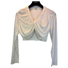 Cult Gaia White Ruched Twist Front Long Sleeve Crop Top White