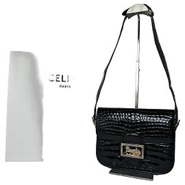 Céline Vintage Celine Croc-Embossed Leather Shoulder Bag Black Black