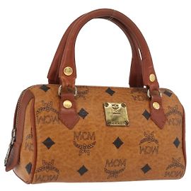 MCM Vicetos Mini Logogram Boston Bag en cuir PVC marron doré Auth 175424 Marron Doré