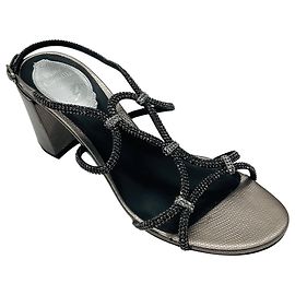 Rene Caovilla Gunmetal Metallic Crystal Embellished Embossed Mid Heel Sandals Metallic