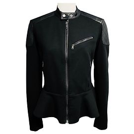 Giacca con zip in pelle di vitello nera e jersey di cotone Ralph Lauren Black Label Nero
