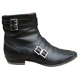 Santoni Black Leather Ankle Boots Black