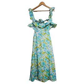 Zimmermann High Tide Midi-Kleid mit Rüschen Weiß Blau Grün